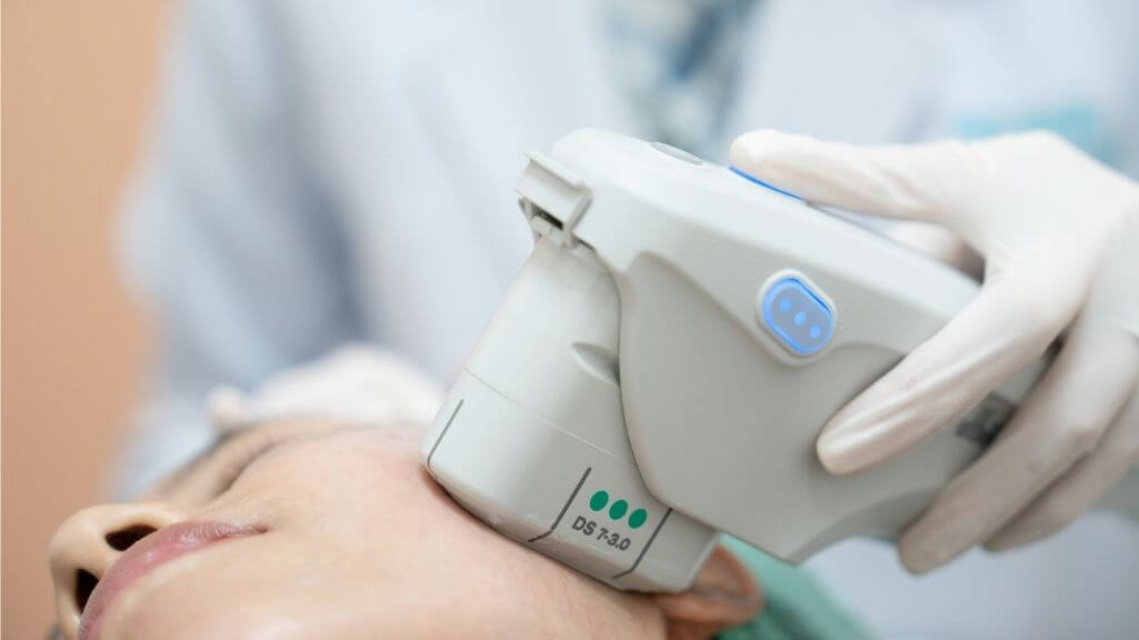 Close-up of ultrasound HIFU device used for v-shape face lifting and tightening