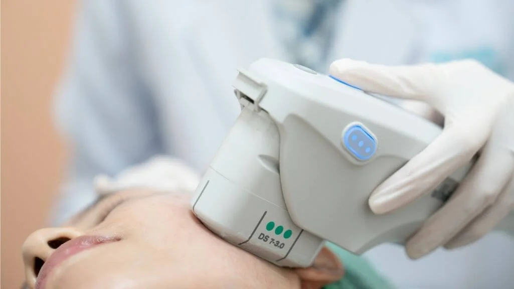 Close-up of ultrasound HIFU device used for v-shape face lifting and tightening